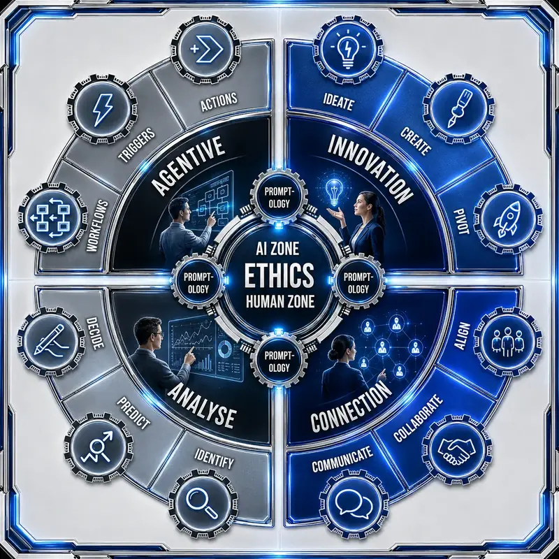 Workforce AI capability framework showing agentive work, innovation, analysis and connection